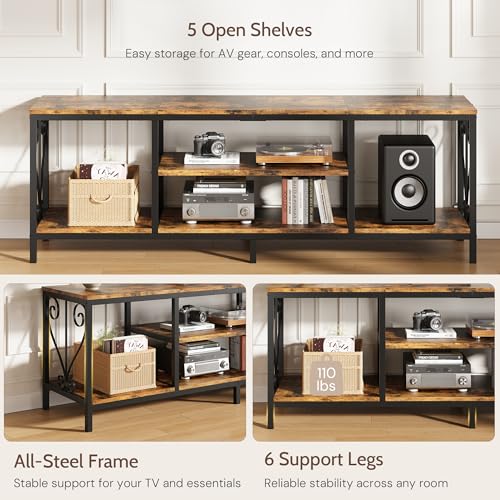 TV Stand for 65 70 75 Inch TVs, 63" Heavy-Duty Industrial Entertainment Center with 3-Tier Open Shelves, Solid 6-Leg Structure & Soundbar Space, TV Console Table for Living Room and Bedroom