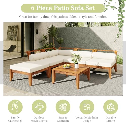6 Pieces Patio Furniture Set, Outdoor L-Shaped Sectional Sofa Set with Coffee Table, Acacia Wood Conversation Seating & Cushions and Lumbar Pillows, for Garden, Poolside and Backyard, Teak+Beige