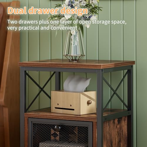 End Side Table, Modern Night Stand with Storage Space and Door, Set of 2 Nightstands for Living Room,Bedroom,Lounge,Antique Brown