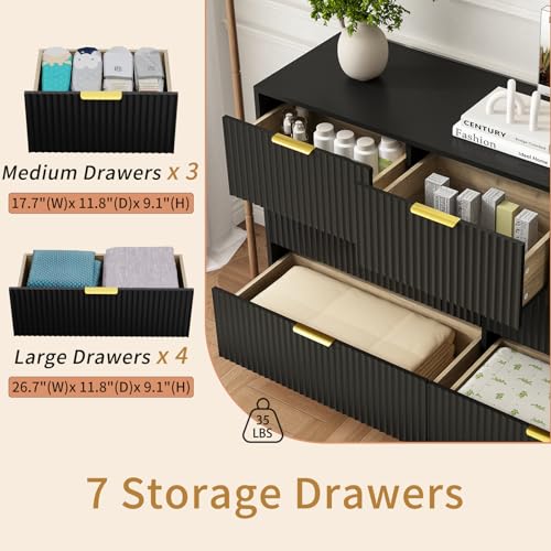 7 Drawer Dresser and Nightstand Sets for Bedroom, 3 Pcs Bedroom Set,Night Stand Set of 2 & 7 Drawer Dresser with Gold Handles, Modern Wood Chest of Drawers Storage Cabinet Set, Black