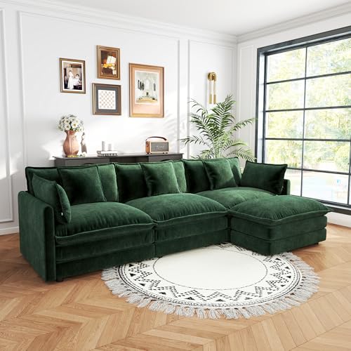 Sectional Sofa 3-Seater Modular Couch with Ottoman - Green L-Shaped 111.5" Deep Seat Living Room Furniture | Customizable Sizing