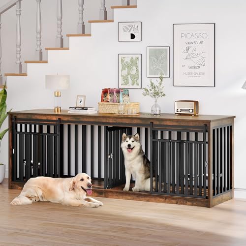 86.6" Double Dog Crate Furniture with 4 Dog Bowls, view 8