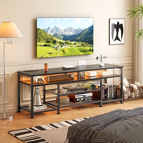 Black TV stand with outlets and lights for bedrooms, view 7