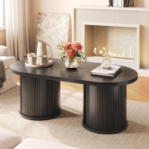 47" Fluted Coffee Table, Oval Coffee Table with 2 Storage Legs | Mid-Century Modern Center Tables with Sliding Doors, Coffee Tables for Living Room, Black