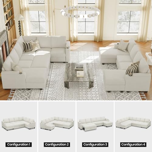 Sleeper Sofa Modular Sectional Pull Out Couch Bed U Shaped Sofa Couch for Living Room with Storage Chaise. White