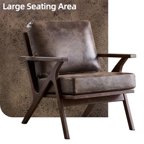 Mid-Century Modern Accent Chair with Wood Frame, PU Leather Living Room Chair and Soft Thick Padded Armchair for Living Room Bedroom Reception with Removable Upholstered Cushions, Dark Grey