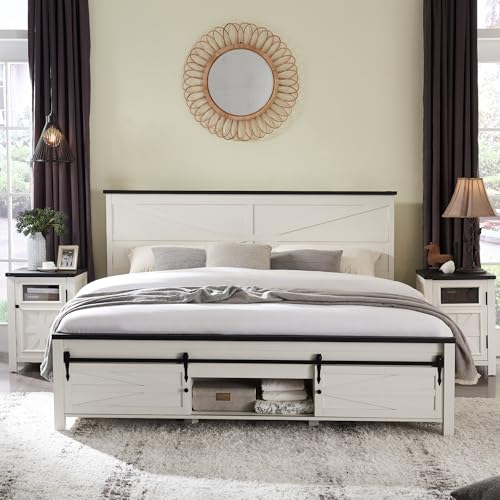 3 Pieces Farmhouse Bedroom Set-Queen Size Bed with 2 Nightstands of Sliding Barn Door Storage Cabinets, Solid Wood Slats Support, Noiseless, No Box Spring Needed, Off White