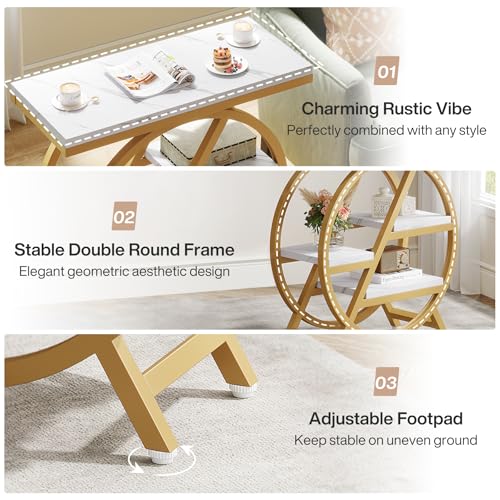 Tribesigns End Table for Living Room, 3-Tier Faux Marble Side Table with Storage, Wood Narrow Sofa Side Table with Geometric Metal Frame, Modern Nightstand and Bedside Table for Bedroom, Gold & White