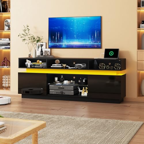 LED TV Stand for 80 Inch TV, Modern Tall Entertainment Center with Power Outlets, High Gloss TV Stand, Gaming TV Media Console with Glass Shelf for Living Room, 71 Inch, Black