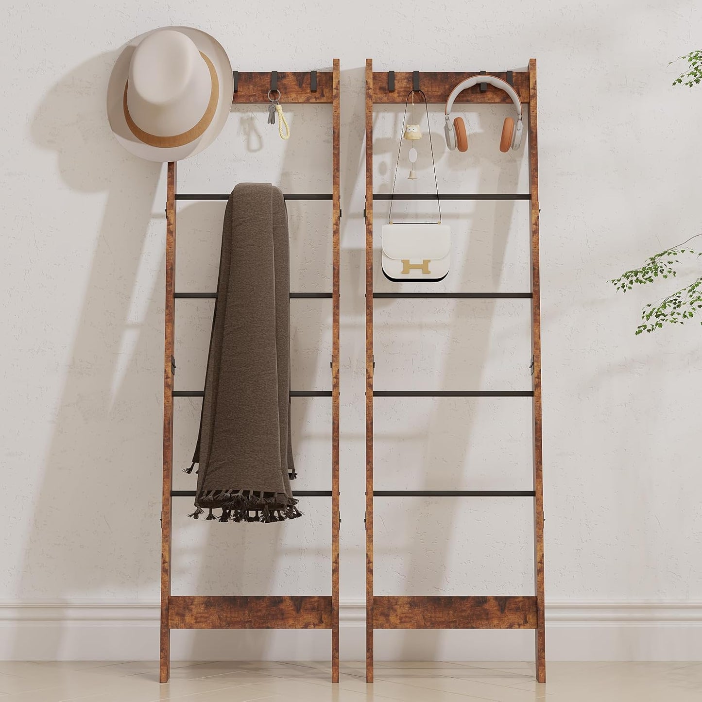 6 Tier Blanket Ladder Shelf for Living Room and Bedroom, Ladder Holder with 4 Metal Hooks, 5.2Ft Blanket Quilt Holder Rack, Farmhouse Ladder Rack for Storage and Home Decor, Rustic Brown