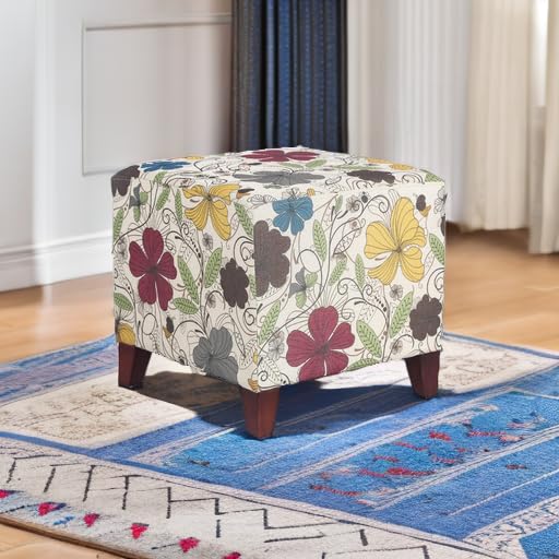 Floral Printed Linen Ottoman, 16.3" Upholstered Cube Foot Stool with Wood Legs, Small Accent Footrest for Living Room, Bedroom Vanity, and Under Desk - Burnt Orange & Blue