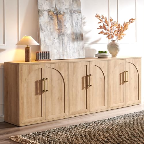Arched Door Sideboard Buffet Cabinet Set of 2, Accent Cabinet with Adjustable Shelf, Wood Modular Credenza Storage Cabinet for Dining Room, Living Room, Entryway, Natural Oak