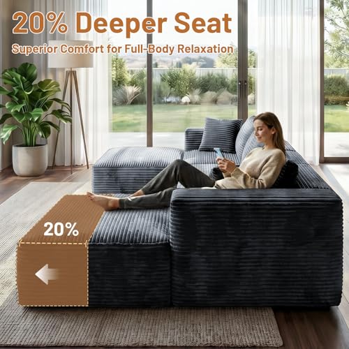 110" Modular Sectional Boneless Sofa with 2 Ottomans, U Shaped Cloud Couch for Living Room, Deep Seat Corduroy Floor Sofa, No Assembly Required, Compressed Couch, 5 Seat, Grey
