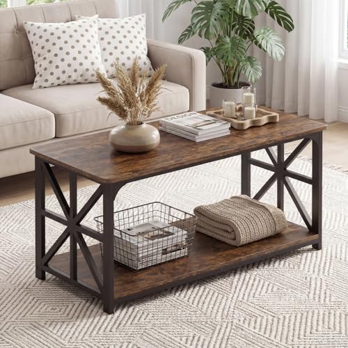 Farmhouse Coffee Table, 43" Center Table with Storage & X-Shaped Frames, 2-Tier Modern Accent Cocktail Tea Table, Rectangular Wood Living Room Tables for Small Spaces, Rustic Brown