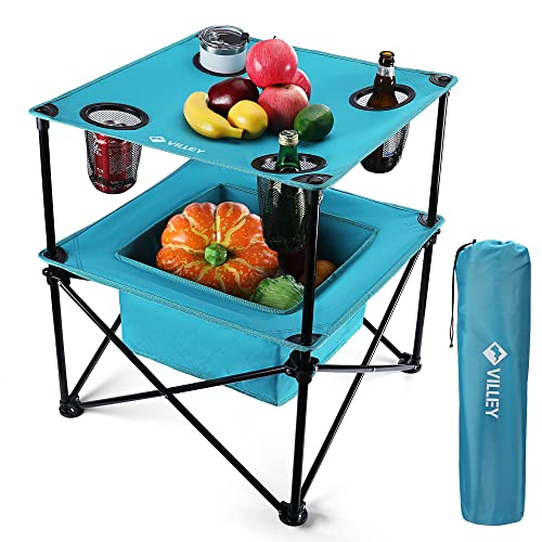 Portable Camping Picnic Table, Lightweight Folding Beach Table with 4 Cup Holders and Carry Bag for Camp, Travel, Fishing, and Outdoor Activities