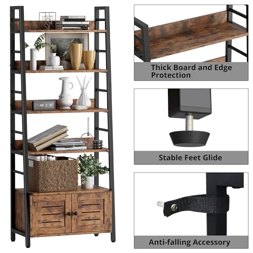4 Tier Ladder Bookcase with Louvered Doors Rustic Brown | Bookshelf; Ladder Shelf;bottom cabinet; anti tip kit; for Bedroom Living Room Home Office