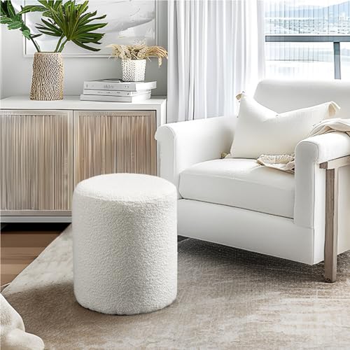 Modern Round Ottoman with Soft Padded Seat – Multifunctional Vanity Chair, Upholstered Footrest Stool for Living Room and Bedroom, Furniture & Décor Store (White)