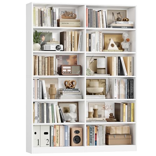 Bookshelf and Bookcase, 6-Tier Double Wide Bookshelves,Freestanding Display Storage Shelves, Tall Bookcases for Home Decor Bedroom, Living Room, Home Office, White