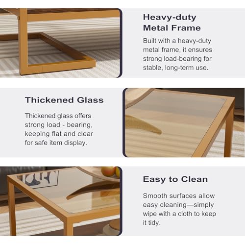 Coffee Table, 2 Tier Tempered Glass Coffee Table, Rectangle Modern Center Table with Metal Frame, Glass Accent Table Open Storage Shelf for Living Room, Office, Brown