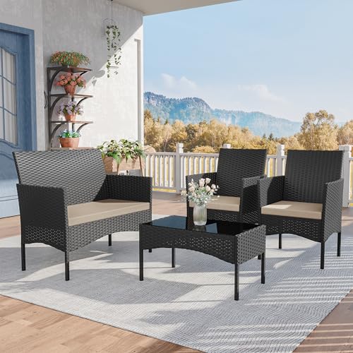 Patio Furniture Set 4 Pieces Outdoor Wicker Rattan Chairs Conversation Sets w/Coffee Table, Rocking Bistro Set, for Deck,Patio,Backyard,Lawn (Sand)