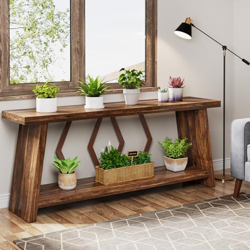 Tribesigns 70.86-Inch Farmhouse Console Table, Industrial Narrow Long Sofa Entryway Table with Storage, 2-Tier Wood Couch Foyer Accent Table for Living Room, Hallway, Entrance (Brown)
