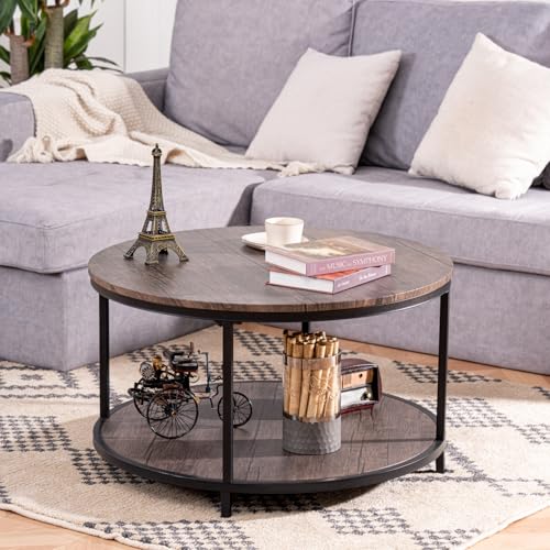 Round Coffee Table, 30" Rustic Coffee Table,Cocktaile Table with 2-Tier Wooden Storage Shelf, Modern Living Room Furniture, Brown