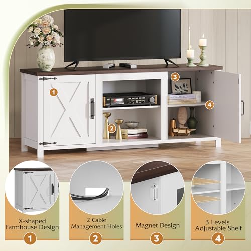 Modern Farmhouse TV Stand for TVs up to 65", Entertainment Center with X-Shaped Barn Doors, Large Storage Media TV Console with Adjustable Shelves & Cable Holes for Living Room, White