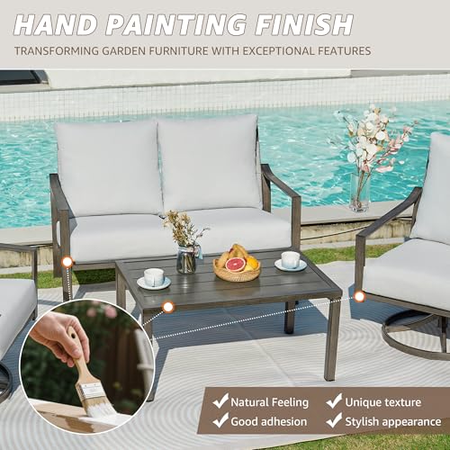 Patio Furniture Set,4 Piece Outdoor Conversation Metal Swivel Rocking Chairs Set with Hand-Woven Rope High Back,Sturdy Hand Brushed Wood Grain Finish Frame,6" Cushions for Yard