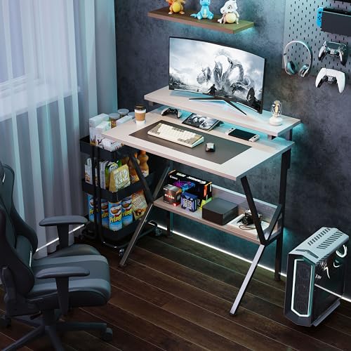 Small Desk, Small Computer Desk for Spaces, 27.5 Inch Computer Desk with Adjustable Monitor Stand, Compact Desk with Storage for Bedroom Home Office, White Tabletop+Black Frame