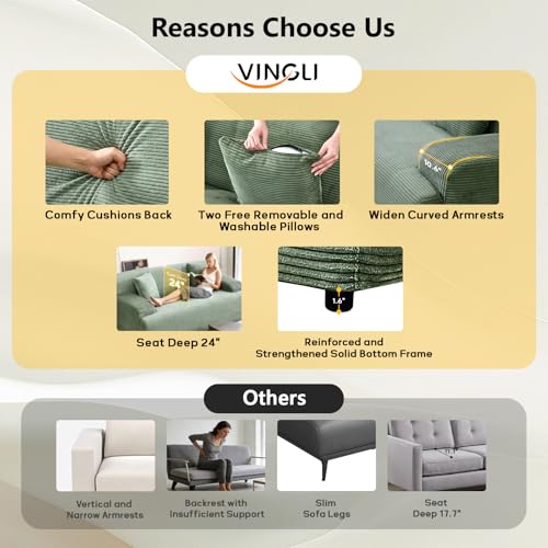 72" W Boneless Loveseat Sofa, Cloud Corduroy Couch in a Box, Compressed Deep Seat Sofa with 10.6" Wide Curved Armrests, Easy Assembly Required for Living Room, Apartments & Office, Green