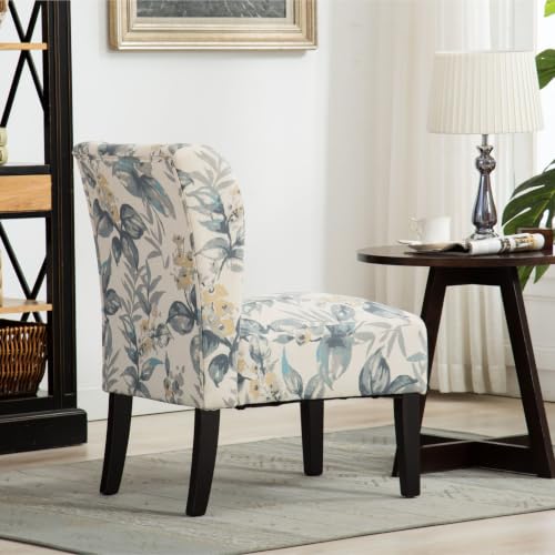Capa Print abric Armless Contemporary Accent Chair, Blue Leaves