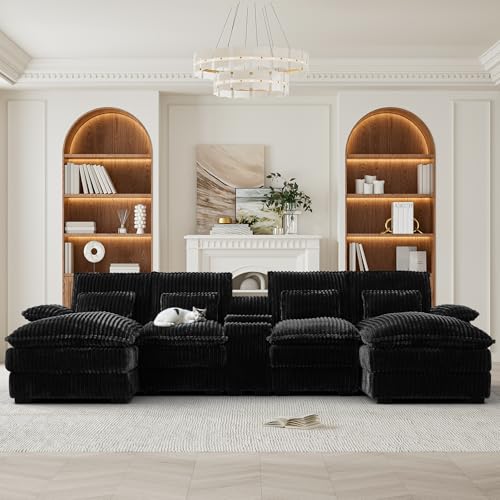 124" U Shaped Cloud Couch Sectional, Comfy Fluffy Plush Corduroy Black Sectional Couches for Living Room, Modern Modular Corduroy Couch Sectionals with Central Console & Double Chaise Lounge