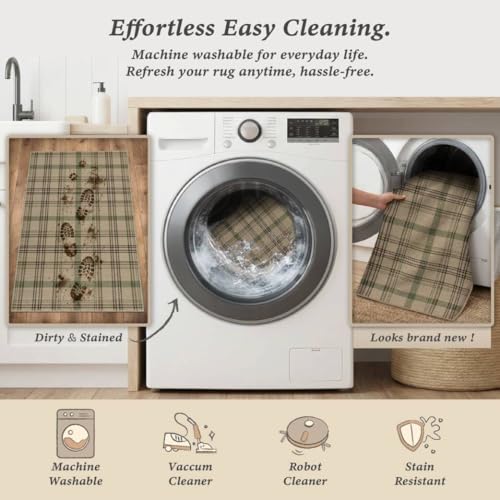 Easy Jute Green Plaid Rug 6x9 for Living Room, Washable Modern Farmhouse Area Rugs for Bedroom Aesthetic, Dining Room, Patio, Sage Tan Woven Tartan Design, Non Skid, Easy Clean Viral Jute No Shed