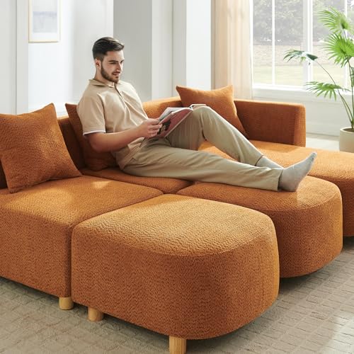 109.84" Modular Sectional Sofa with 3 Pillows, Convertible 5-Seater Comfy Boucle Cloud Couch with Ottoman, Modern Sectional Sofas for Living Room, Office, Apartment (Curry)