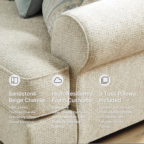 Signature Design by Ashley Monaghan Vintage Loveseat with Accent Pillows, Reversible Cushions and Rolled Arms, Beige