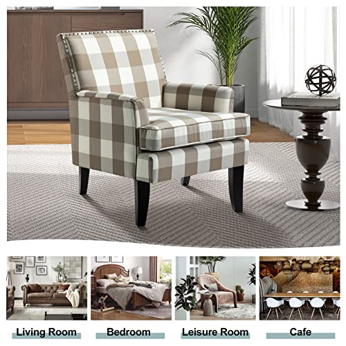 Modern Accent Chair with Arms and Wooden Legs, Mid Century Accent Chair Armchair High Back Rest, Padded Armrest and Comfortable Cushioned Seat for Living Room (Buffalo Beige)