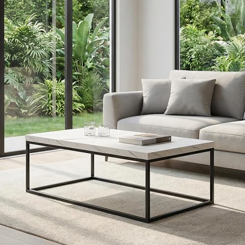 47-Inch White Marble Coffee Table/Center Table, Large Size | Extra Thick 1.6" Honey-comb Top, Rectangle, Minimalist Modern Industrial Style, Wood and Metal Cocktail Table