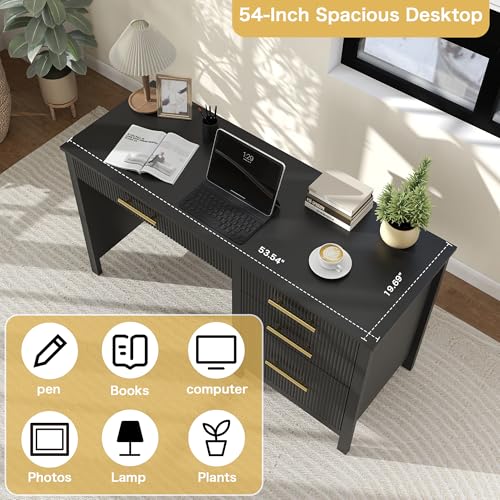 Executive Desk with Drawers: 54" Black Home Office Desks with File Drawer, view 7