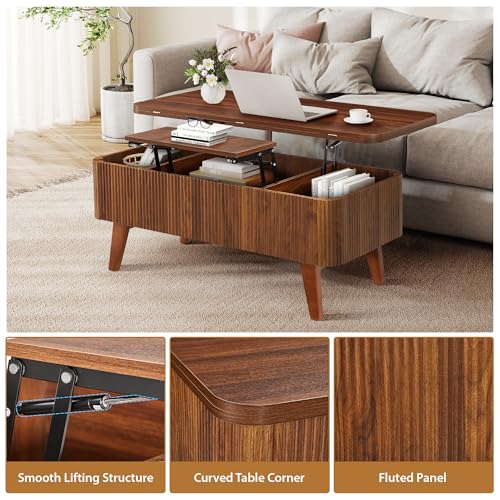 3 in 1 Lift Top Coffee Table, Fluted Convertible Coffee Tables Converts to Dining Tables, Modern Oval Wooden Center Table with Storage for Living Room Office Small Space, Partial Assembly (Walnut)