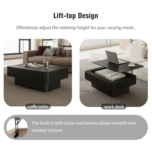 Rectangle Coffee Table with Lifting Top for Living Room Modern Coffee Table with Storage Smart Coffee Tables Lift Up Coffee Tables for Eat Fluted Pedestal Center Tables Apartment 38.6" Black