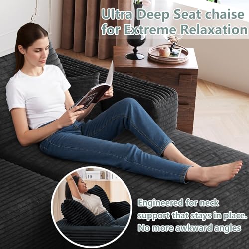 Boneless Cloud Couch Comfy Sectional Couches for Living Room,U Shaped Sofa Couch in a Box with Ottoman Deep Seat Memory Foam Compressed Sofa(Black, 95" Right Facing Chaise)