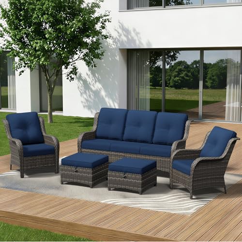 5 Piece Outdoor Wicker Patio Furniture Set, Patio Chairs Set with Thickened Olefin Cushions, High Back and Deep Seating, Hand-Woven PE Rattan, Ottoman for Porch, Deck