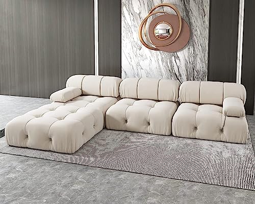 L-Shaped Sectional Couch, 104'' Minimalist Velvet Floor Sofas Couches, Mid-Century Modular Sectional Sofa with Reversible Chaise Ottoman for Living Room, Apartment (3-Seat, 1 Ottoman, Beige)