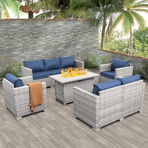 Patio Furniture Set 5 Piece Outdoor Furniture with Fire Pit Table, Grey Wicker Sectional Sofa Couch Sets Backyard Deep Seating PE Rattan Chairs with Navy Blue Cushion