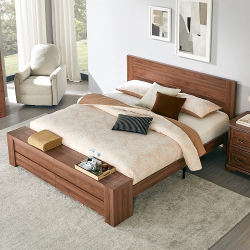 King Bed Frame with Headboard and Footboard Storage Bench,Light Walnut, view 2