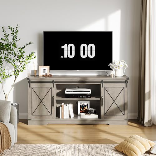 Farmhouse TV Stand for 65 Inch TV, Sliding Barn Doors, Grey, view 8