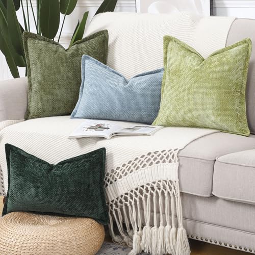 Decorative Chenille Velvet Throw Pillow Covers Set of 2 Soft Boho Textured Neutral Couch Throw Pillow for Bed Modern Farmhouse Home Decor for Sofa Livingroom Moss Green 12x20 Inch