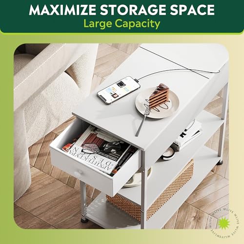 3-Tier Narrow Side Table with Charging Station, Couch Side Table for Living Room, Narrow End Table for Bedroom with Fabric Drawer, USB Ports and Power Outlets, Samll Nightstand Bedside Tables