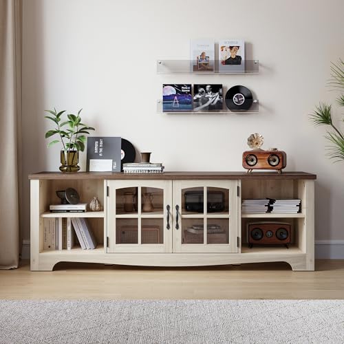 TV Stand for 75 Inch TV, Modern Farmhouse Entertainment Center with Storage Cabinets and Glass Doors, Tall Media Console Table for Living Room, Bedroom, Large Long Television Stand, Beige