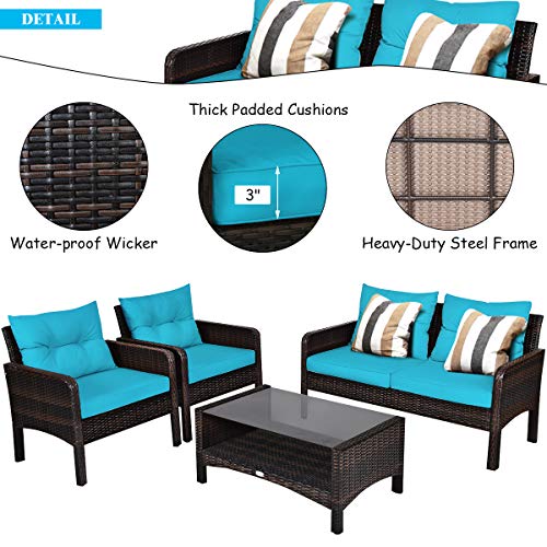 4 Piece Patio Furniture Set, Outdoor Wicker Conversation Set with Glass Top Coffee Table, All Weather Proof and Thick Cushions, Suitable for Porch, Garden, Poolside and Lawn (Turquoise)